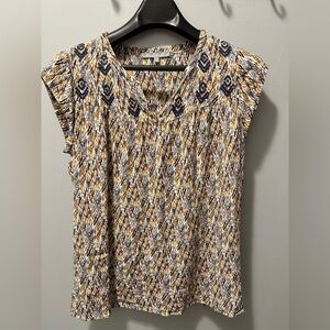 Daniel Rainn Navy and Mustard Cap-Sleeve Printed Blouse